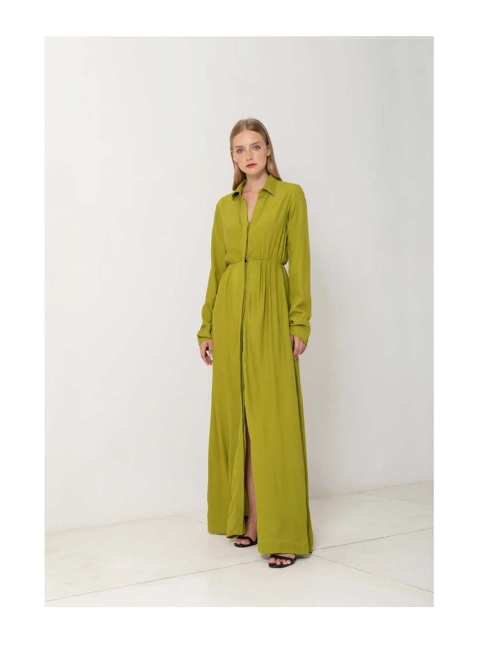 SWF Long Sleeve Olive Green Button-Front Maxi Dress XS